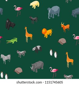 Wild Animals Seamless Pattern Background Isometric View Include of Giraffe, Lion, Elephant,Hippo,Monkey, Bear and Crocodile. Vector illustration of Animal