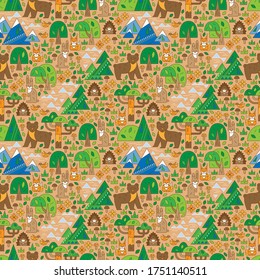 Wild animals seamless pattern. Bear, hare, squirrel, hedgehog, bird against the background of the forest and mountains. Wildlife seamless pattern. Scandinavian children's print. for textile and wallp