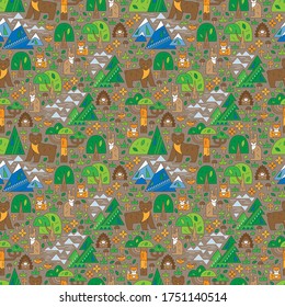 Wild animals seamless pattern. Bear, hare, squirrel, hedgehog, bird against the background of the forest and mountains. Wildlife seamless pattern. Scandinavian children's print. for textile and wallp