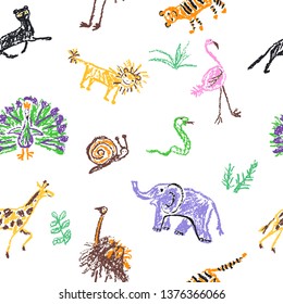 Wild Animals Seamless Pattern. Crayon Like Kid`s Hand Drawn Giraffe, Elephant, Lion, Panther, Isolated On White. Child`s Drawn Stroke Colorful Pastel Chalk Or Pencil Vector Art. Doodle Funny Style