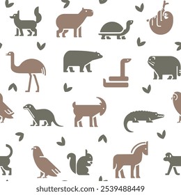 Wild animals seamless pattern. Crocodile, monkey, capybara, eagle, owl, turtle, sloth, horse, squirrel, ostrich, otter, fox. Cute, warm, flat design, vector set