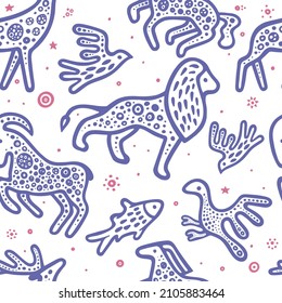 Wild animals seamless pattern. Hand drawn animals abstract endless background. Simple drawing bird, fish, horse, lion and ram seamless texture. Part of set.