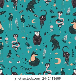 Wild animals, seamless pattern, owl, cat, flamingo, crocodile, cobra, fox, print, fabric, paper, wallpaper, textile, illustration, vector.
