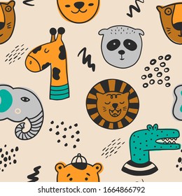 Patrón transparente de animales salvajes. Antecedentes escandinavos con panda, cocodrilo, elefante, oso, tigre, león, jirafa. Se puede utilizar para papel pintado, envoltura, textil, tela. 