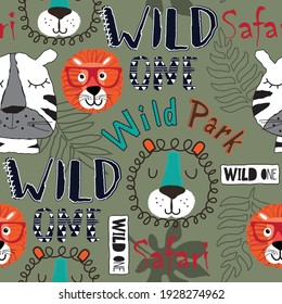 Wild animals seamless pattern. Tiger and lion animals with palm leaves and wild one, safari and wild park text. Can be used for textile,  background, book cover, packaging.