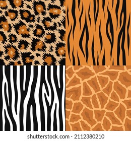 Wild animals seamless patterns set. Leopard, tiger, zebra, giraffe.