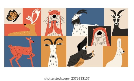 Wild animals set.  Biodiversity concept. Otter, hare, wild goats, bald eagle, deer.   Hand draw vector illustration