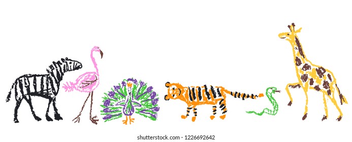 Wild animals set. Crayon like kid`s hand drawn giraffe, tiger, flamingo, snake, peacock, zebra, isolated on white. Child`s drawn stroke colorful pastel chalk or pencil vector art. Doodle funny style