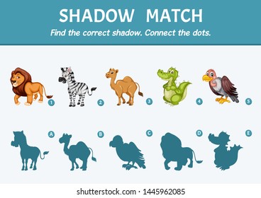 Wild Animals Set Find the Correct Shadow. Shadow Matching Educational Game for Kids to Compare and Connect Objects and Shadows, Simple Game For Preschool Children Learning Games