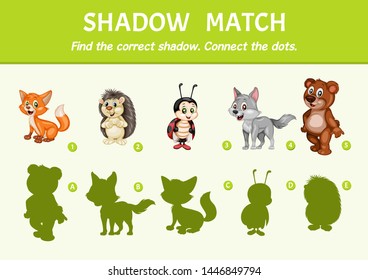 Wild Animals Set Find the Correct Shadow. Shadow Matching Educational Game for Kids to Compare and Connect Objects and Shadows, Simple Game For Preschool Children Learning Games
