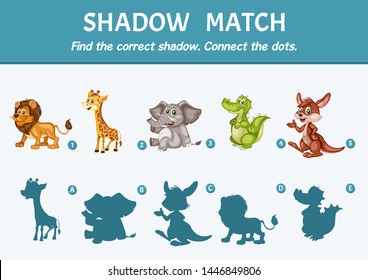 Wild Animals Set Find the Correct Shadow. Shadow Matching Educational Game for Kids to Compare and Connect Objects and Shadows, Simple Game For Preschool Children Learning Games