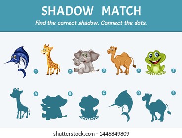 Wild Animals Set Find the Correct Shadow. Shadow Matching Educational Game for Kids to Compare and Connect Objects and Shadows, Simple Game For Preschool Children Learning Games