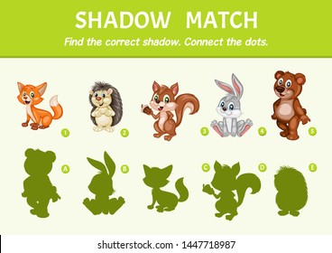 Wild Animals Set Find the Correct Shadow. Shadow Matching Educational Game for Kids to Compare and Connect Objects and Shadows, Simple Game For Preschool Children Learning Games
