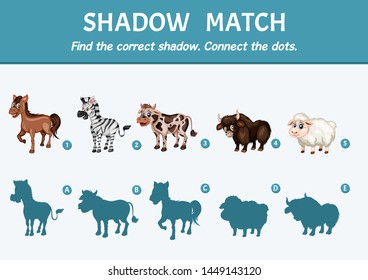 Wild Animals Set Find the Correct Shadow. Shadow Matching Educational Game for Kids to Compare and Connect Objects and Shadows, Simple Game For Preschool Children Learning Games