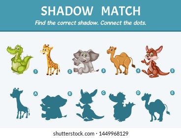 Wild Animals Set Find the Correct Shadow. Shadow Matching Educational Game for Kids to Compare and Connect Objects and Shadows, Simple Game For Preschool Children Learning Games