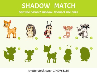 Wild Animals Set Find the Correct Shadow. Shadow Matching Educational Game for Kids to Compare and Connect Objects and Shadows, Simple Game For Preschool Children Learning Games