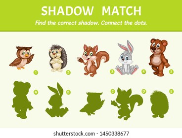 Wild Animals Set Find the Correct Shadow. Shadow Matching Educational Game for Kids to Compare and Connect Objects and Shadows, Simple Game For Preschool Children Learning Games