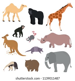 Wild animals set in flat style. Camel ,gorilla, giraffe, chimpanzee rhinoceros, kangaroo, elephant, wombat, anteater, armadillo, opossum, isolated on white. Vector Illustration