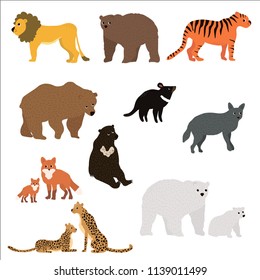 Wild animals set in flat style. Lion, bear, tiger, tasmanian devil, wolf, grizzly, fox, cheetah, white bear, isolated on white. Vector Illustration