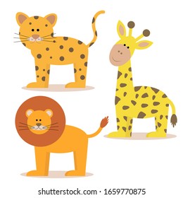 Wild animals set in flat style isolated on white background. Giraffe, leopard, lion.