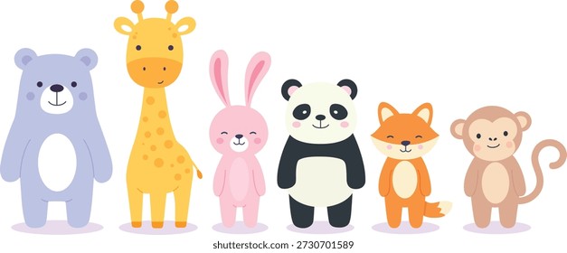 Animales salvajes en estilo plano. Colección de personajes de dibujos animados lindos: oso, jirafa, conejito, panda, zorro, mono. Ilustración vectorial. 