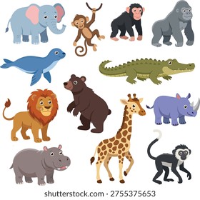 Wild animals set in flat style isolated on white background, illustration. Cute cartoon animals collection: crocodile, rhinoceros, elephant, giraffe, bear, , gorilla, monkey, lion, hippo, chimpanzee, sea lion