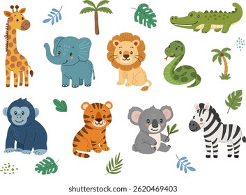 Wild animals set in hand drawn, doodle style. Suitable for children content and educational projects. White background.
