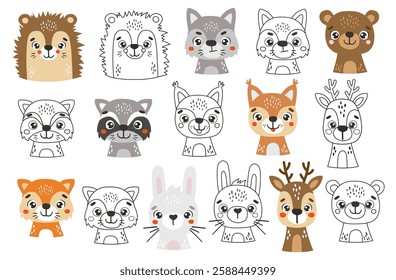 Wild animals set isolated, cute forest animals, kids vector cartoon