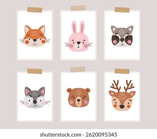 Animais selvagens conjunto isolado, animais de floresta bonitinhos, ilustração de desenhos animados para crianças, cartazes