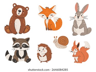 Animais selvagens conjunto isolado, animais de floresta bonito, crianças vetor, design para cartazes, adesivos, banners