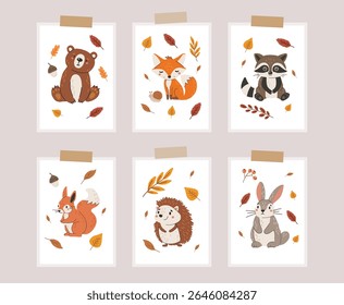 Wild animals set isolated, cute forest animals, kids vector, design for posters, stickers, banners