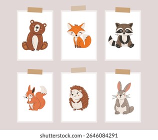 Wild animals set isolated, cute forest animals, kids vector, design for posters, stickers, banners