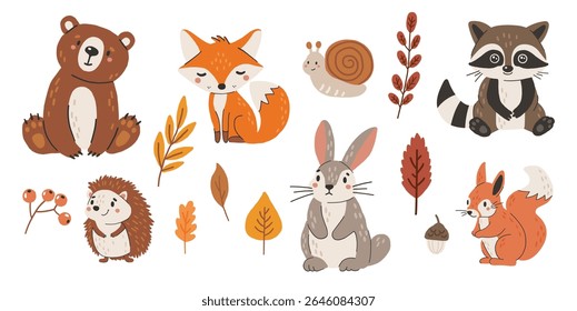 Wild animals set isolated, cute forest animals, kids vector, design for posters, stickers, banners
