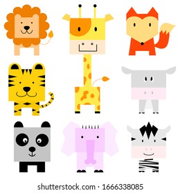 Wild animals set. Lion, fox, tiger, giraffe , donkey , panda, elephant  and zebra isolated on white background.