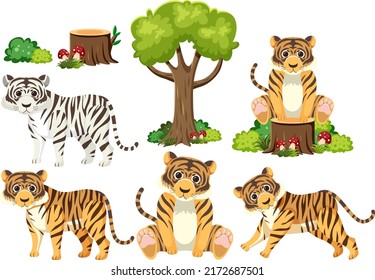 Wild animals set with nature elements illustration