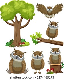 Wild animals set with nature elements illustration