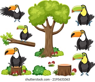 Wild animals set with nature elements illustration