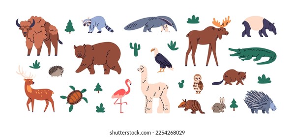 Wild animals set. North and South American fauna. America wildlife, mammals species. Exotic crocodile, llama, porcupine, raccoon, tapirus and elk. Flat vector illustration isolated on white background