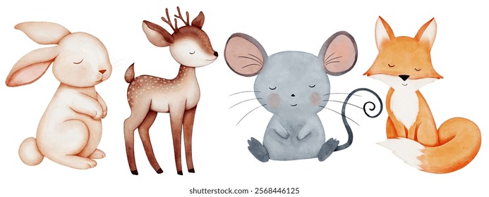 Wild animals. Set of wild watercolor  animals. Fox, deer, mouse, hare, rabbit.