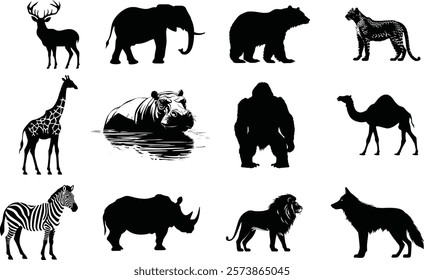 Wild animals silhouette bundle, set of wild animals silhouette vector.