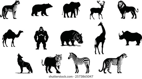 Wild animals silhouette bundle, set of wild animals silhouette vector.