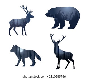 Wild animals silhouette with double exposure effect. Deer, wolf, bear with forest and mountains elements. Vector illustration