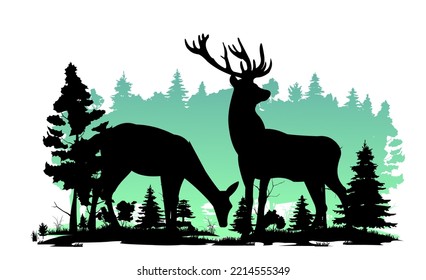 Wild animals. Silhouette figures. Glade in coniferous northern forest taiga. Isolated on white background. Vector