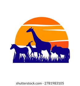 Wild animals silhouette group featuring giraffe antelope and wildebeest standing in grass against large sunset circle.