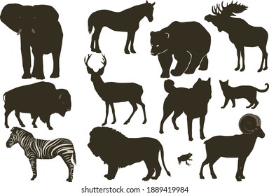 Wild Animals Silhouette, Lion, Bear, Elephant, Cat, Horse, Moose, Wolf, Zebra, Frog, Buffalo, Deer, Goat