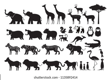 Wild Animals Silhouette Vector Set, Zoo, Safari, Front view and Side View