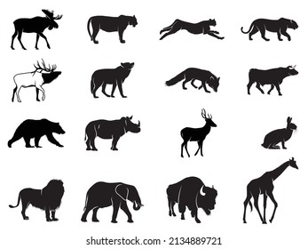 Wild animals silhouettes Duck bird, bear and deer wild animal black silhouettes
