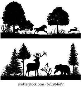 Wild Animals Silhouettes In Green Fir Forest Vector Illustration. Silhouette Of Animal In Nature, Wood Tree Pine And Animals