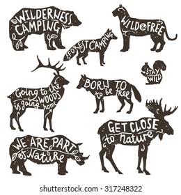 Wild animals silhouettes with lettering chalk board isolated vector illustration