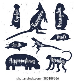 Wild Animals Silhouettes With Lettering: Gopher, Kangaroo, Orangutan, Mole, Lizard, Turtle, Hippopotamus, Monkey. Isolated Vector Illustration